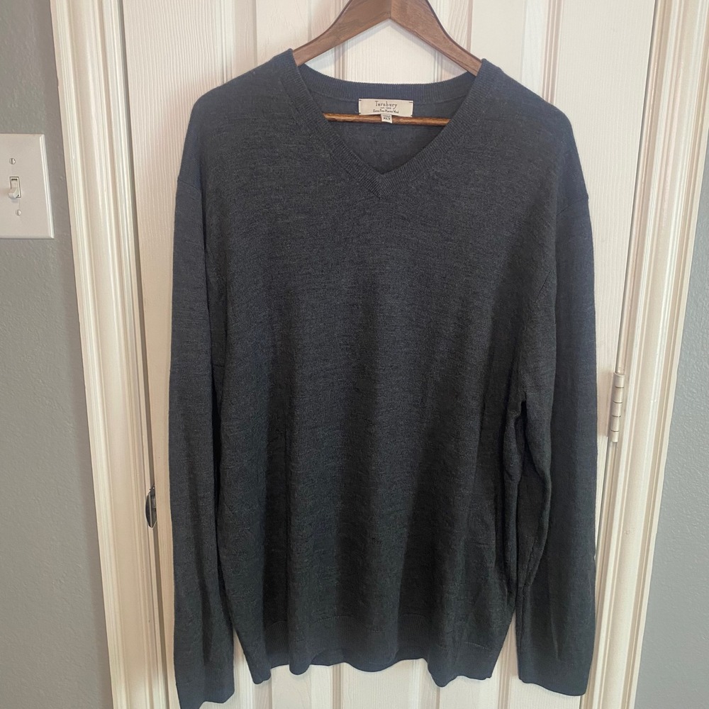 Turnbury Mens Extra Fine Merino Wool V-Neck Sweater Charcoal Gray XLT Tall